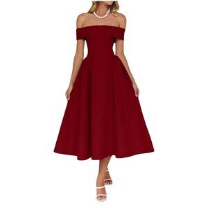 Pretty Garden Women’s Small Off The Shoulder Burgundy Midi Dress Puffy Hem